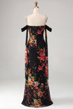 Sheath Black Cold Shoulder Floral Wedding Guest Dress with Sash