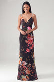 Mermaid V-Neck Black Floral Long Wedding Guest Dress