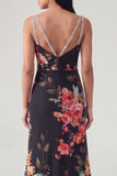 Mermaid V-Neck Black Floral Long Wedding Guest Dress