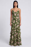 A Line Dark Green Spaghetti Straps Floral Wedding Guest Dress