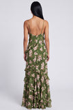 A Line Dark Green Spaghetti Straps Floral Wedding Guest Dress