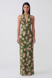 Dark Green Halter Sheath Floral Wedding Guest Dress