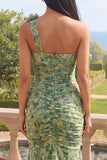 One Shoulder Dusty Green Mermaid Floral Wedding Guest Dress