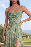Dusty Green Cowl Neck Floral Formal Dress with Slit