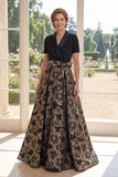 Black Floral Notched Lapel A Line Maxi Mother of the Bride Dress