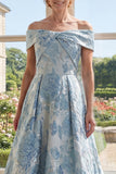 Off the Shoulder A Line Floral Blue Maxi Mother of the Bride Dress