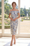 Off the Shoulder Floral Dusty Blue Bodycon Mother of the Bride Dress