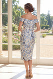 Off the Shoulder Floral Dusty Blue Bodycon Mother of the Bride Dress