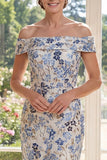 Off the Shoulder Floral Dusty Blue Bodycon Mother of the Bride Dress