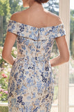 Off the Shoulder Floral Dusty Blue Bodycon Mother of the Bride Dress