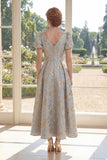 Floral Dusty Blue A Line V Neck Mother of the Bride Dress