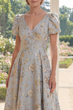 Floral Dusty Blue A Line V Neck Mother of the Bride Dress