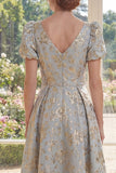 Floral Dusty Blue A Line V Neck Mother of the Bride Dress