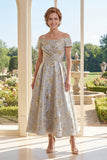Floral Off the Shoulder Dusty Blue A Line Mother of the Bride Dress