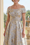 Floral Off the Shoulder Dusty Blue A Line Mother of the Bride Dress
