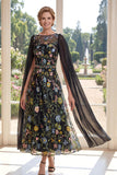 Black Floral A Line Mother of the Bride Dress with Cape Sleeves
