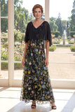 Black Floral A Line V Neck Maxi Mother of the Bride Dress