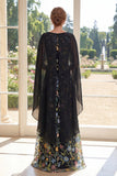 Boat Neck Black Floral A Line Maxi Mother of the Bride Dress
