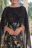 Boat Neck Black Floral A Line Maxi Mother of the Bride Dress