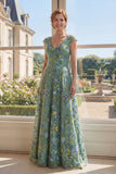 Green Cap Sleeve A Line Floral V Neck Mother of the Bride Dress