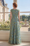 Green Cap Sleeve A Line Floral V Neck Mother of the Bride Dress