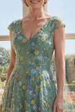 Green Cap Sleeve A Line Floral V Neck Mother of the Bride Dress