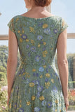 Green Cap Sleeve A Line Floral V Neck Mother of the Bride Dress