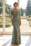 Green Off the Shoulder Mermaid Floral Mother of the Bride Dress