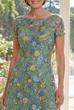 Green A Line Embroidered Floral Mother of the Bride Dress