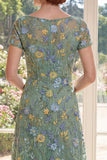 Green A Line Embroidered Floral Mother of the Bride Dress