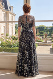Black Short Sleeve Appliqued A Line Mother of the Bride Dress