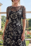 Black Short Sleeve Appliqued A Line Mother of the Bride Dress