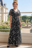 Black Appliqued A Line Ruched Mother of the Bride Dress