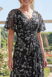 Black Appliqued A Line Ruched Mother of the Bride Dress
