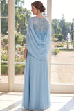 Light Blue Ruched Sequin Mother of the Bride Dress with Cape Sleeves