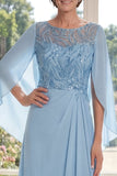 Light Blue Ruched Sequin Mother of the Bride Dress with Cape Sleeves