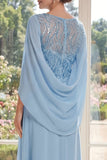 Light Blue Ruched Sequin Mother of the Bride Dress with Cape Sleeves