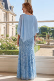 Sparkly Light Blue Sheath Mother of the Bride Dress with Cape