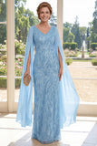 Sparkly Light Blue V Neck Maxi Mother of the Bride Dress