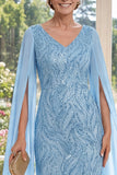 Sparkly Light Blue V Neck Maxi Mother of the Bride Dress