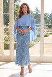 Light Blue Sequin Maxi Mother of the Bride Dress with Cape