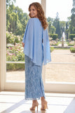 Light Blue Sequin Maxi Mother of the Bride Dress with Cape