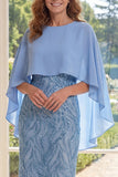 Light Blue Sequin Maxi Mother of the Bride Dress with Cape