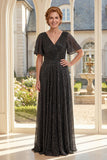Metallic Black Short Sleeve A Line Mother of the Bride Dress