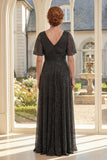 Metallic Black Short Sleeve A Line Mother of the Bride Dress