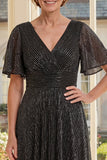 Metallic Black Short Sleeve A Line Mother of the Bride Dress