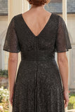 Metallic Black Short Sleeve A Line Mother of the Bride Dress