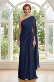 One Shoulder Navy Ruched Maxi Mother of the Bride Dress