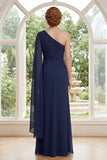 One Shoulder Navy Ruched Maxi Mother of the Bride Dress