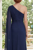 One Shoulder Navy Ruched Maxi Mother of the Bride Dress